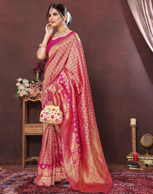 YASHIKA Printed Kanjivaram Cotton Silk, Jacquard Saree(Pink)