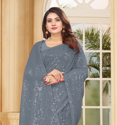 b bella creation Embroidered Bollywood Georgette Saree(Grey)