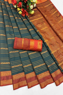 SHREE NATH CREATION Striped, Woven Banarasi Cotton Silk Saree(Dark Green)