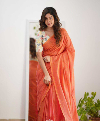 JHILUU Solid/Plain Handloom Cotton Blend Saree(Orange)
