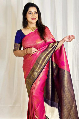 KM CREATION Self Design Banarasi Art Silk Saree(Pink)
