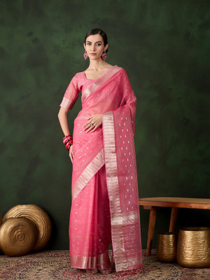 Sangria Woven Saree with Attached Blouse Organza Saree(Pink)