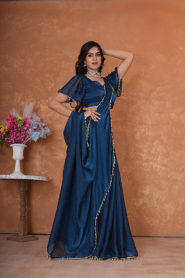 Amavii Embellished, Embroidered, Solid/Plain Bollywood Chiffon, Pure Silk Saree(Blue)
