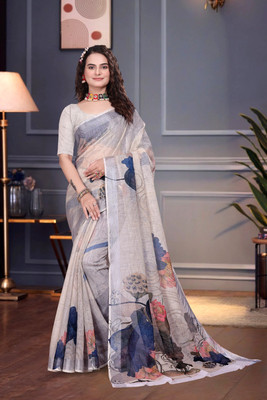 Julee Printed Bollywood Linen Saree(Grey)