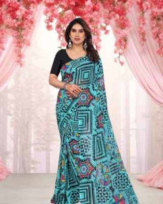 JAYAMENTERPRISE Digital Print, Self Design, Printed Bollywood Georgette Saree(Light Blue)