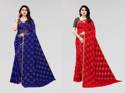 V And V Shop Embellished Daily Wear Chiffon Saree(Pack of 2, Dark Blue, Red)