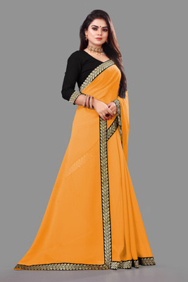 pari creation Solid/Plain Bollywood Georgette, Lace Saree(Yellow, Black)