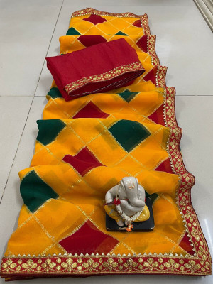 supalee tex Printed Bandhani Georgette Saree(Yellow)