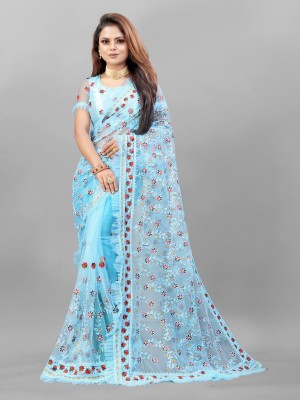 VILUCHI Embroidered Bollywood Net Saree(Light Blue)