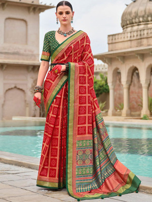 ANOUK Woven Bandhani Silk Blend Saree(Red)
