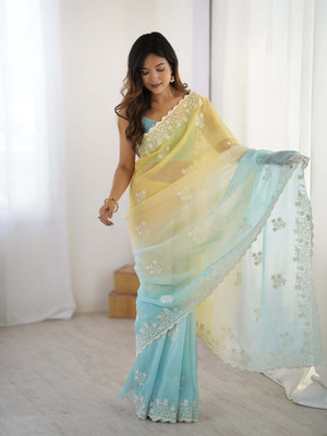 Dwarros Embroidered Bollywood Silk Blend Saree(Light Blue, Yellow)