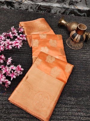 ZILVIRA Woven, Applique, Embellished, Dyed, Self Design, Animal Print Kanjivaram Jacquard, Art Silk Saree(Orange)