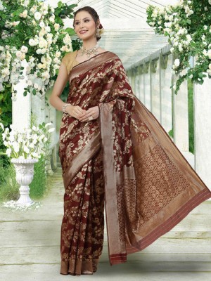 ANANYA Woven Kanjivaram Jacquard, Pure Silk Saree(Brown)