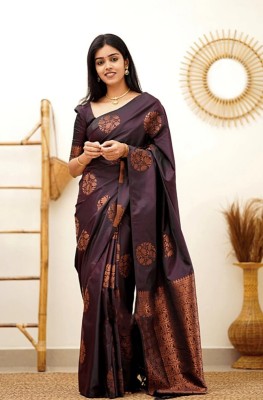 Keswi Fab Woven, Embellished, Applique, Dyed, Self Design, Printed Kanjivaram Silk Blend, Art Silk Saree(Magenta)
