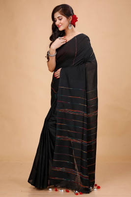 Tant Story Woven Handloom Cotton Blend Saree(Black)