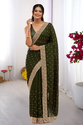 SANSKAR TEXTILE Embroidered, Embellished Bollywood Georgette Saree(Green)