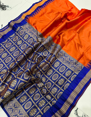 Saree Destination Solid/Plain, Temple Border Sambalpuri Art Silk Saree(Orange)