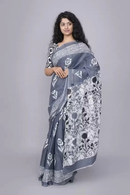 Tropwear Self Design, Printed, Blocked Printed, Digital Print, Hand Painted Ikkat Pure Cotton Saree(Grey)