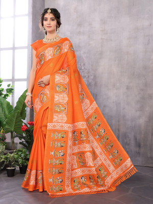 YASHIKA Printed Kalamkari Art Silk Saree(Orange)