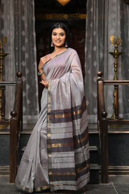 Very Much Indian Woven Maheshwari Cotton Silk Saree(Grey)