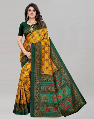 Grubstaker Woven Assam Silk Art Silk Saree(Yellow, Green)