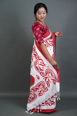GOLU Printed Handloom Cotton Blend Saree(White)