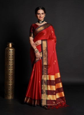 Bansari Textiles Self Design, Woven, Temple Border, Applique, Striped, Printed Banarasi Cotton Blend, Jacquard Saree(Red)