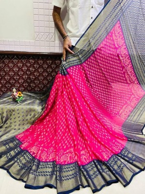 Fancy Fab Animal Print, Digital Print, Floral Print, Hand Painted, Ombre, Polka Print, Printed, Striped KHASI DHARA MUKHLI Brasso, Lycra Blend Saree(Pink)