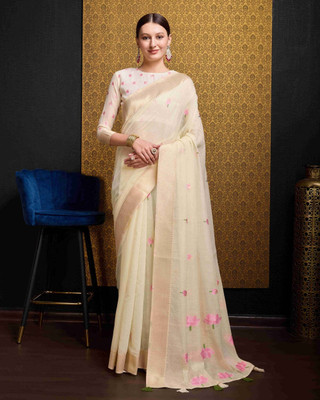 all about you Woven Bollywood Linen Saree(Cream)