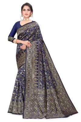 MUKHITA Woven Kanjivaram Silk Blend Saree(Dark Blue)