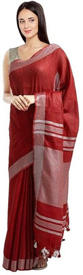 Aamir Fashion Textile Solid/Plain Bhagalpuri Handloom Linen, Cotton Blend Saree(Maroon)
