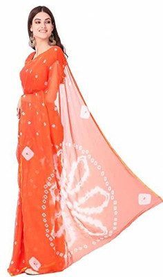 JustEthnic Geometric Print Bandhani Chiffon Saree(Orange)