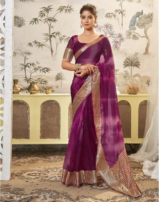 Satrani Printed, Woven, Embellished Banarasi Organza Saree(Purple, Pink, Gold)
