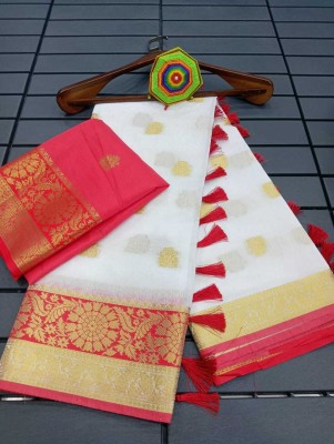 Mervadiya Printed Kanjivaram Pure Cotton, Cotton Silk Saree(White, Red)