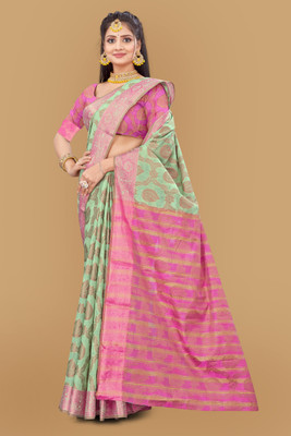 Karyavar Floral Print Bollywood Lycra Blend Saree(Green)