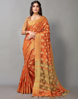 Samah Embellished, Woven, Self Design Banarasi Cotton Silk Saree(Orange)