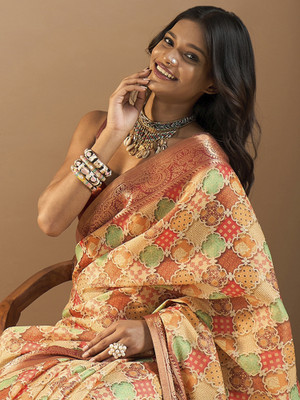 Sareemall Printed Madurai Silk Blend Saree(Beige)