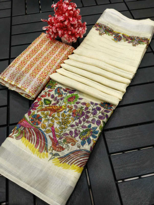 M MAANVIT Printed Kanjivaram Pure Cotton, Cotton Linen Saree(Multicolor)