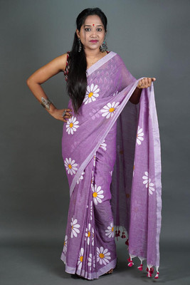 BN Fashion Printed Handloom Cotton Blend Saree(Purple)