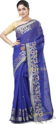 SUSHRITA BOUTIQUE Self Design, Embroidered Handloom Cotton Silk Saree(Blue)