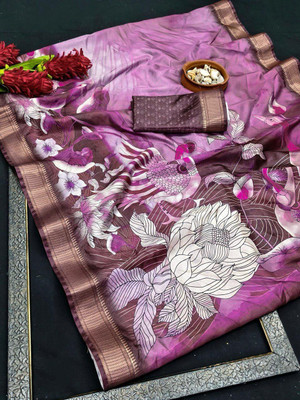 ERVAAFAB Printed, Woven Banarasi Silk Blend Saree(Purple)