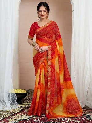 Panchvati NX Printed Bollywood Chiffon Saree(Red, Yellow)
