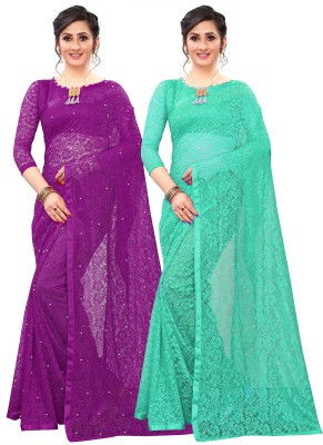 LOROFY Self Design Bollywood Net Saree(Pack of 2, Purple, Light Green)