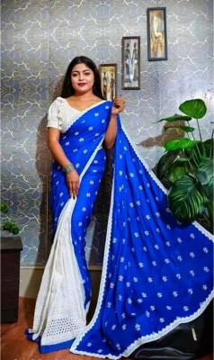 Rnn Embroidered Handloom Cotton Silk Saree(Blue, White)