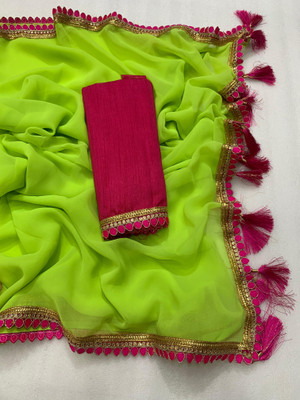 SARETRA MALL Solid/Plain Bollywood Georgette Saree(Green)
