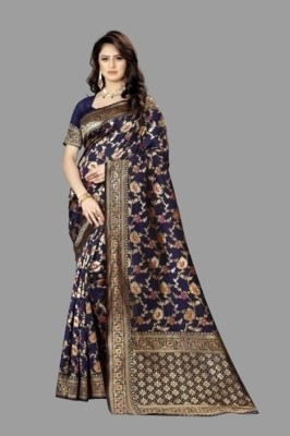 fFASHION Embellished, Floral Print, Self Design, Woven Kanjivaram Pure Silk, Jacquard Saree(Dark Blue)