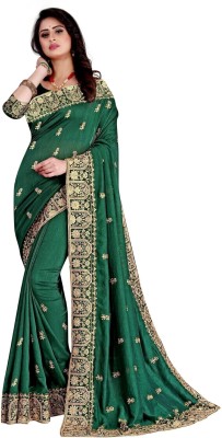 AMK FASHION Embroidered, Embellished, Self Design, Temple Border, Hand Painted, Solid/Plain, Woven Bollywood Pure Silk, Silk Blend Saree(Green)