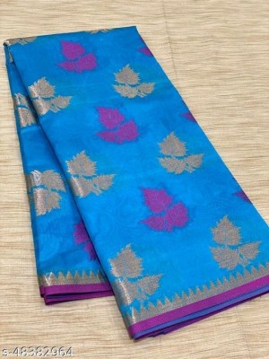 MT textiles Woven Handloom Cotton Silk Saree(Light Blue)