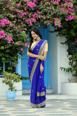 PRETTYAGE Solid/Plain, Embroidered Bollywood Georgette, Silk Blend Saree(Blue)