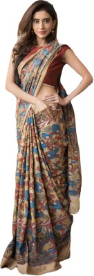 Sidhidata Floral Print, Printed Chanderi Cotton Linen Saree(Beige)